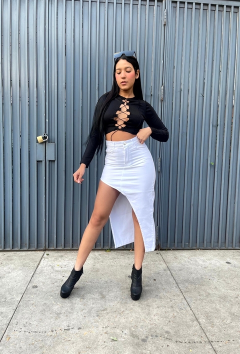 POLLERA BLANCA LARGA RIGIDO CON ABERTURA TALLES 36 AL 46 ANA CLARA