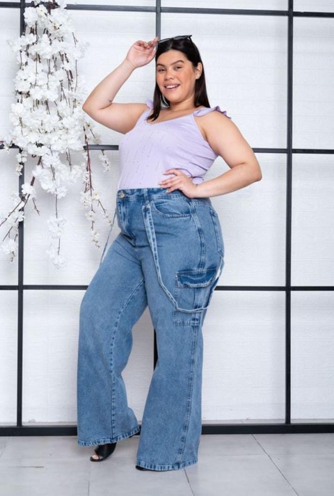 JEAN WIDE LEG CARGO CELESTE CON TIRAS RIGIDO TALLES 48 AL 60 CRISAL