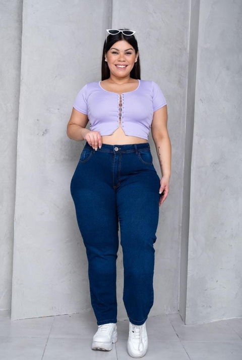 JEAN RECTO AZUL GASTADO ELASTIZADO TIRO ALTO TALLES 48 AL 60 CRISAL