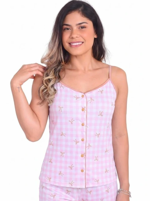 Pijama Americano Alça Xadrez Rosa Laços