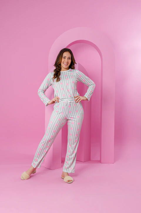 Pijama Manga Longa Listras Verde Coração