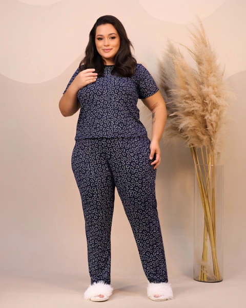 Pijama Plus Calça com Manga Azul Marinho Coração Branco
