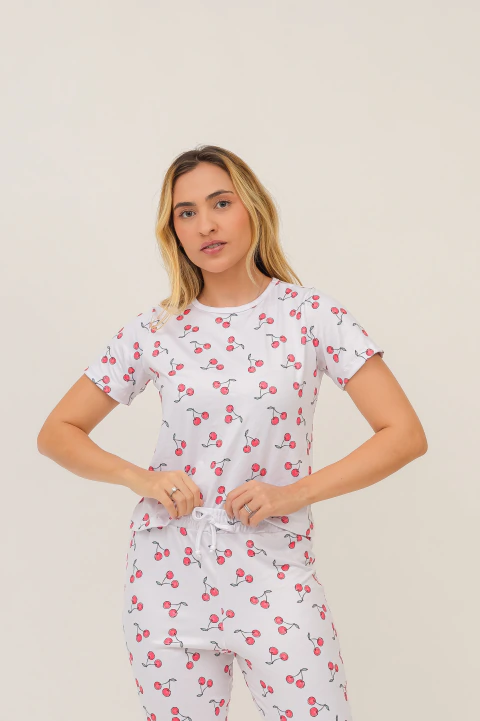 Pijama Calça com Manga Sweet Cherry Branco