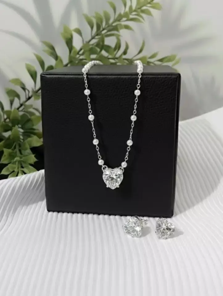 CONJUNTO CORRENTE PÉROLA CORAÇÃO CRISTAL