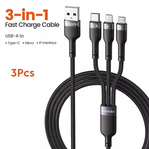 Carregador 3 em 1 USB para Tipo C Micro Cabo iP para iPad Samsung Xiaomi Huawei QC P