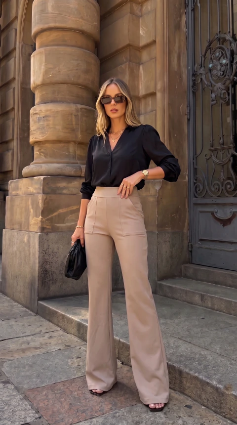 Uma mulher loura com óculos de sol veste uma blusa de cetim preta e calças de cintura alta beges e posa diante de um edifício histórico.
Ela segura uma bolsa preta na mão esquerda e tem jóias douradas no pescoço e no pulso.