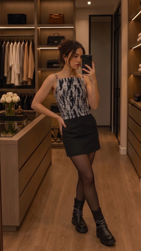 Mulher de pé vestindo uma blusa regata franzida, com estampa tie-dye em preto e cinza.
Ela posa para a câmera com expressão séria em um closet luxuoso e organizado.