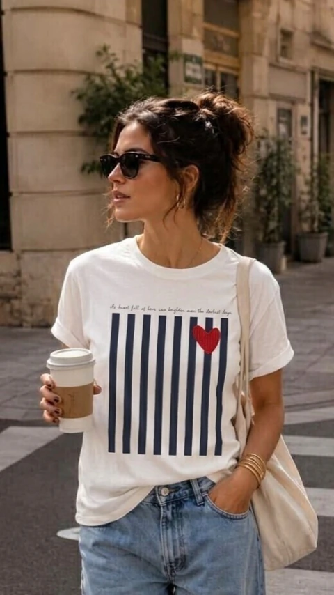 Mulher usando blusa branca manga curta com estampa de listras verticais azuis e coração vermelho, segurando copo de café e com óculos escuros