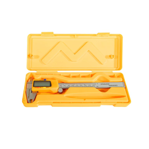 Calibre digital Lüsqtoff de 150 mm en acero inoxidable. Mide interior, exterior y profundidad, con graduación 0,01 mm, precisión ±0,02 mm y escala mm/pulgadas.