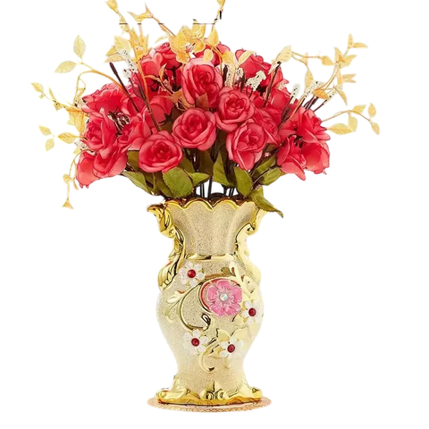 Arranjo de Flores com Vaso Vintage Ouro Fosco em Porcelana