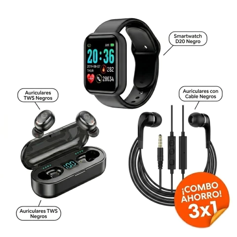 Combo Auriculares con Cable + Auriculares Uni touch + Smartwatch D20