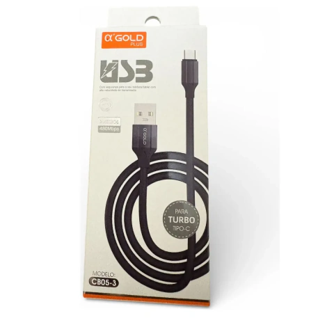 Cabo Turbo A'Gold CB05-3 USB para USB-C Carregamento Rápido 2 Metros Preto