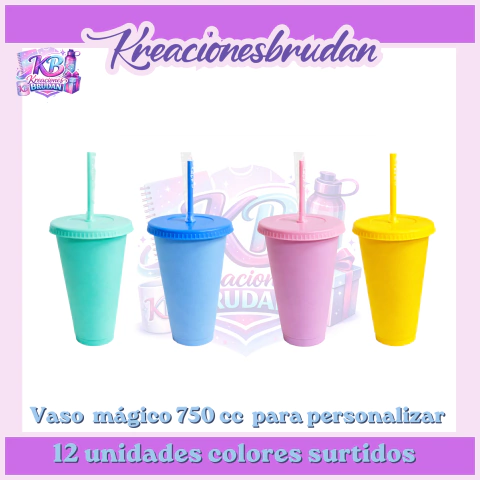 ✨ Vasos Mágicos Tumbler 750 cc – ¡Cambian de color con agua fría! ✨ 12 unidades Colores surtidos