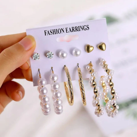 Set de 6 Pares de Aros en Aleación con Perlas y Diamantes de Imitación