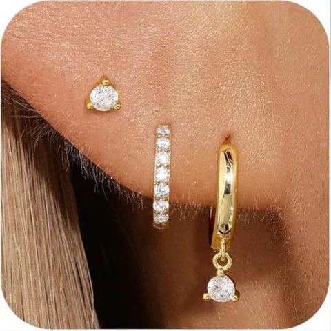Conjunto de 3 Aros de Cobre Enchapados en Oro con Circonio Blanco