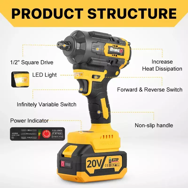 Chave de impacto / soquete 1/2 Polegada 1800NM Torque Brushless