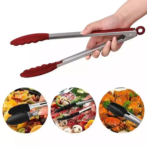 Pinça de cozinha com pontas de silicone antiderrapante, fabricada com silicone de qualidade alimentar e corpo em aço inoxidável. Ideal para uso em grelhas, saladas, churrasco (BBQ) e no manuseio de alimentos em geral. Resistente ao calor, segura e durável, oferece precisão ao pegar, virar e servir alimentos sem danificar panelas ou superfícies antiaderentes.