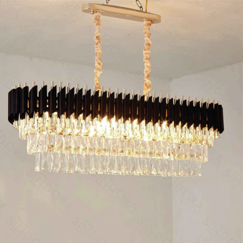 PENDENTE 96X35CM E14×10 CABO: 2M | CORRENTE: 80CM METAL PRETO+CRISTAL TRANSPARENTE CX: 18X36X100CM 10KG EAN:7908169530242