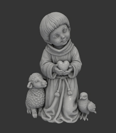 São Francisco de Assis Infantil com Cordeiro e Pássaro 20 cm – Resina UV | Impressão 3D