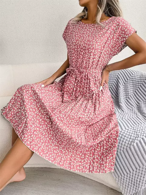 Vestido longo plissado com manga curta para mulheres, cintura alta, chique, desi