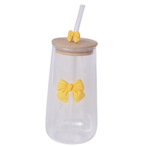 Copo De Vidro Fofo Com Tampa E Canudo Laço De Coquette 500ml - comprar online