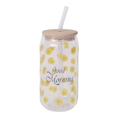 Copo De Vidro com Tampa E Canudo Flor Good Afternoon 600ml na internet