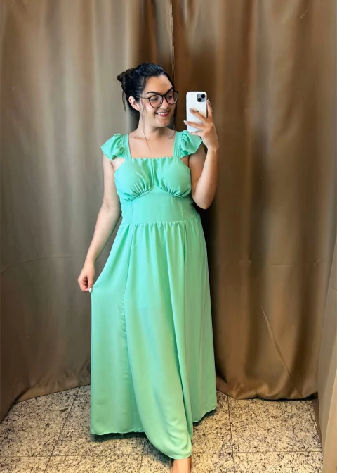 Vestido Longo Alça Babado Verde Claro