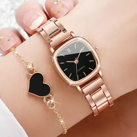 Conjunto Feminino Relógio + Pulseiras em Ouro Rosé