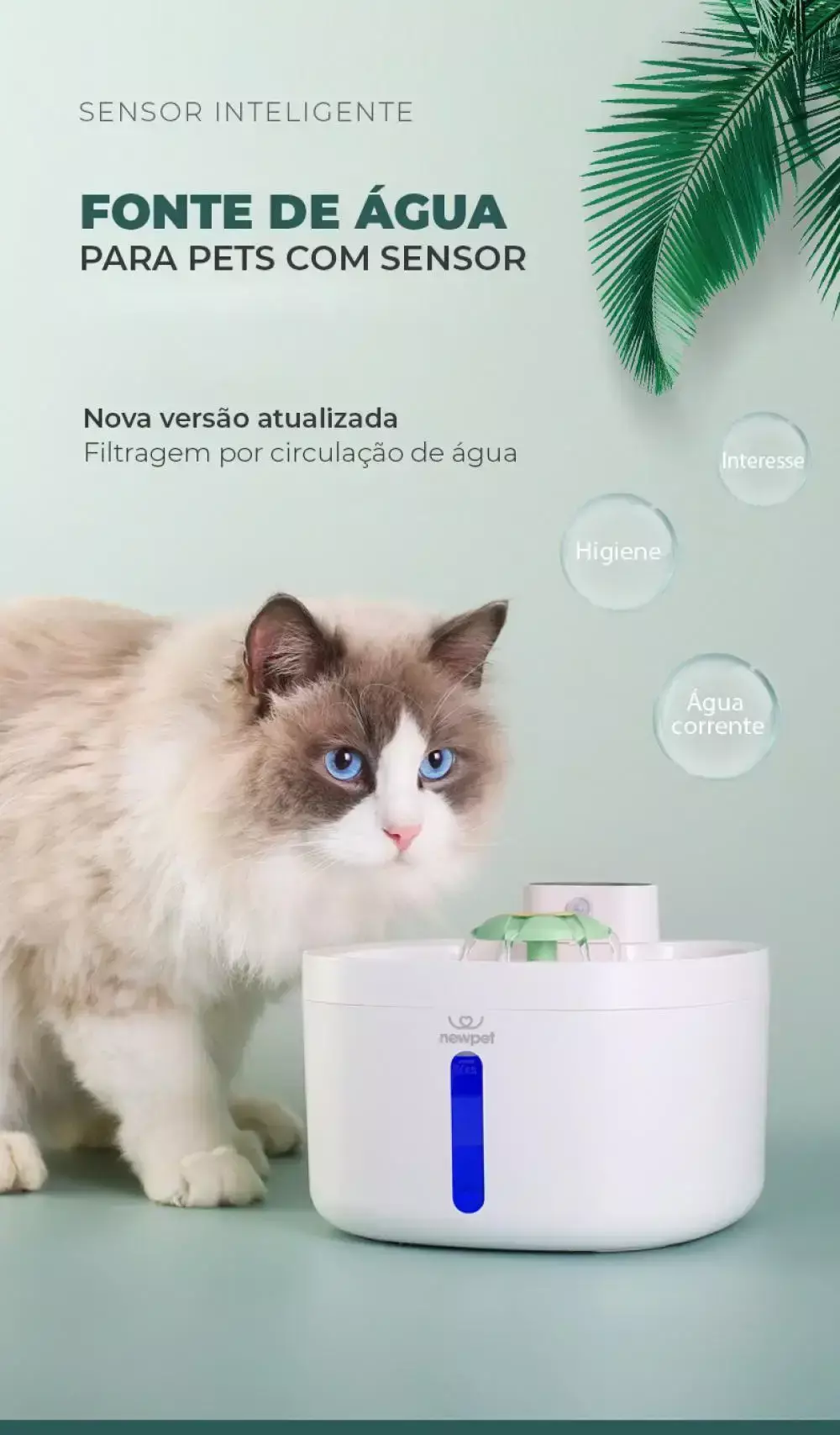 Newpet Fonte de água automática para gatos de 2,6 litros Cabo USB/Sensor de dete
