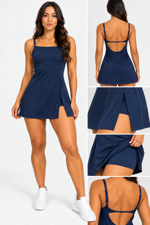 Vestido Macaquinho Beach Tennis com Proteção UV 50+ Azul Marinho
