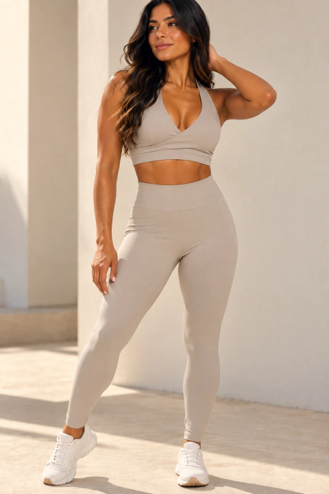 Mulher usando conjunto fitness bege com top frente única transpassado e legging, posando em ambiente iluminado