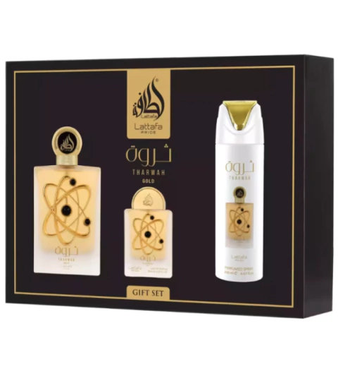 Kit Lattafa Tharwah Gold 100ML + Mini de 20ml + Perfume Sray 200ML - comprar online