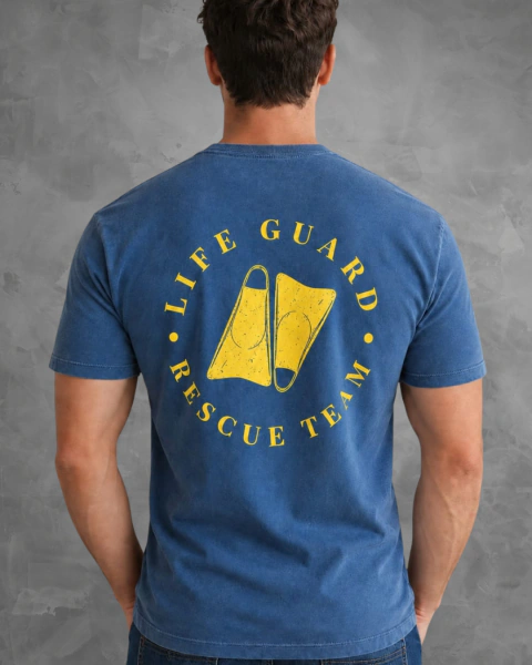 Camiseta estonada unissex marinho com amarelo - Rescue costas