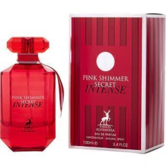 Perfume feminino Maison Alhambra Pink Shimmer Secret Intense Eau de Parfum 100ml com frasco e embalagem.