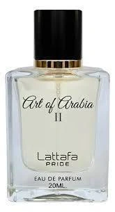 Perfume compartilhável Lattafa Pride Art of Arabia II Eau de Parfum 20 ml com frasco compacto transparente, tampa preta e embalagem branca.