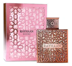 Perfume feminino Rayhaan Divine Eau de Parfum 100 ml com frasco rosa decorado e embalagem.