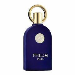 Perfume compartilhável Maison Alhambra Philos Pura Eau de Parfum 100 ml com frasco em tons de roxo, detalhes dourados, tampa transparente e embalagem azul decorada.