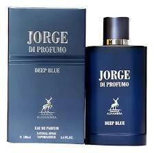 Perfume masculino Maison Alhambra Jorge di Profondo Eau de Parfum 100 ml com frasco azul profundo, tampa metálica e embalagem azul combinando.
