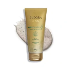 Creme Esfoliante Corporal Eudora La Piel Biocolágeno e Algas do Pacífico 200 g em bisnaga dourada com detalhes verdes.