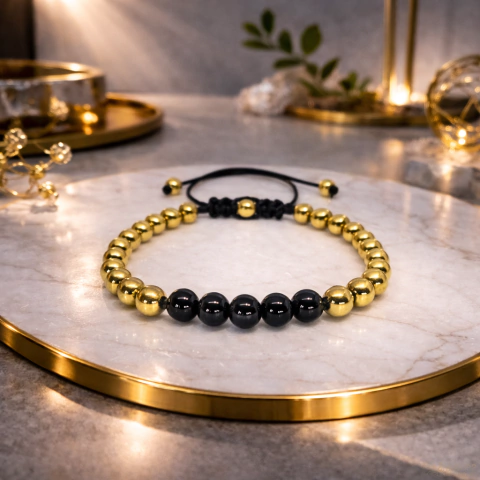 Pulseira Classic | Ônix Negra e Hematita Dourada | PM105