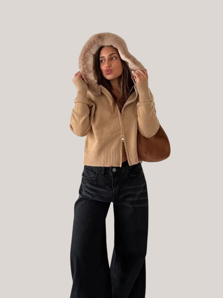 Casual gola de pele camisola casaco