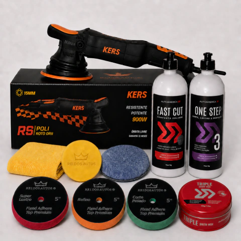 Kit Polimento Profissional: Politriz Roto Orbital Kers RS 15mm 127V + Fast Cut, One Step, Cera de Carnaúba e Acessórios