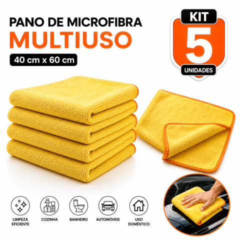 Kit 5 Flanelas de Microfibra Autoamerica 40x60cm – Alta Performance Automotiva e Multiuso Doméstico