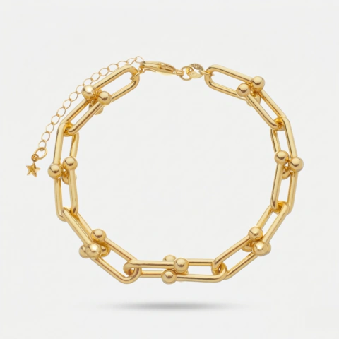 Pulseira Feminina Corrente Elos Largos Banho Ouro 24K