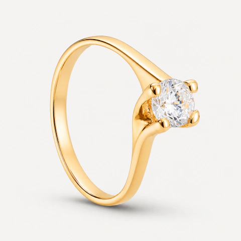 Anel Solitário Banho Ouro 24K e Zircônia Premium
