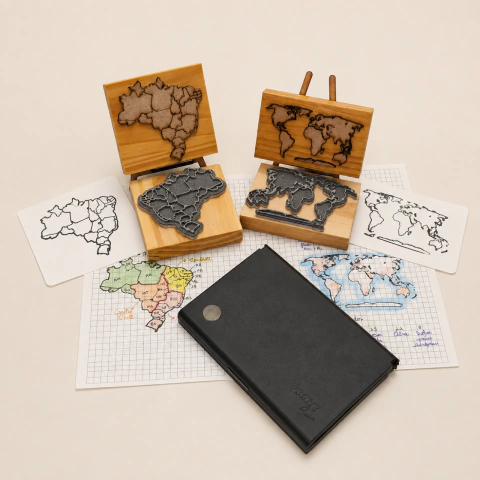 Kit Domínio Cartográfico BioGeo completo com carimbos Mapa do Brasil, Mapa-Múndi, almofada e exemplos de mapas impressos.