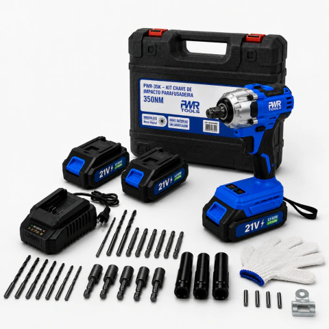 Kit Chave de Impacto e Parafusadeira Sem Fio 350Nm com 2 Baterias – PWR-35K