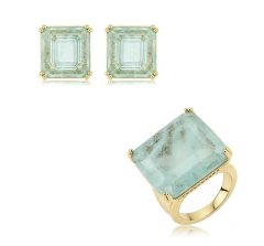 Conjunto de brinco e anel quadrado cravejado de zircônia cristal e pedra fusion turmalina banho em ouro 18k tam 22