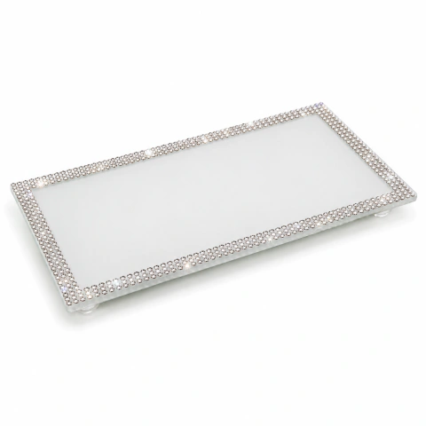 Bandeja Decorativa de Vidro Cor Branca com Borda decorada - Med. 22 x 12 cm