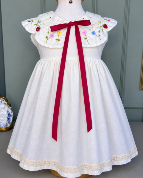 Vestido Bordado Off White com Laço Vermelho